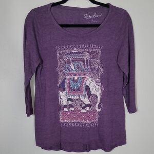 Lucky Brand Womens Elephant Graphic Long Sleeve Top Size S Purple Boho Y2K